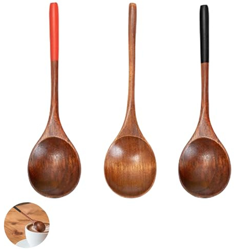 3 Stück Asiatischer Japanische Suppenlöffel Holz, Kaffee Milch Holzlöffel Klein, Kreativ Feiner Griff Holzlöffel, Schöpfkelle für Honig, Marmelade, Pulver, Eis (Rot,Schwarz)