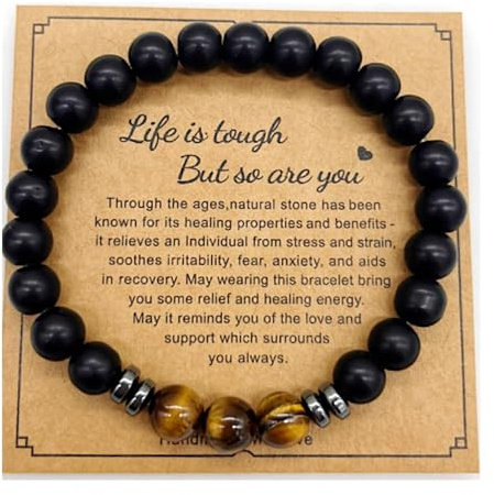 Okaywork 8mm Bracelets Homme Obsidienne Noire Anti Tabac Cadeau Idée Anniversaire, Fête des Pères, Cadeau Ado, Mari, Copain, Couple, Noël (Noir)