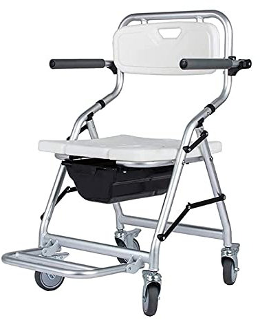 Klappbarer Nachttisch-Toilettenstuhl, tragbare Mobile Toilette für ältere Menschen mit Armlehne und Rückenlehne, Multifunktions-Duschstuhl