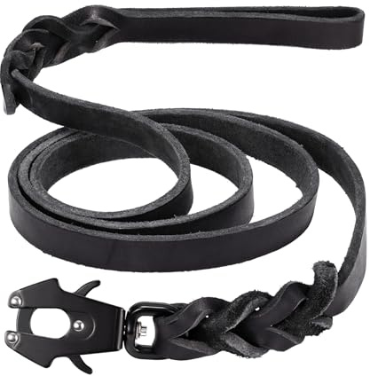 GEIT 4/5/6FT Leather Dog Leash, Heavy Duty Dog Training Leashes, Genuine Leather Braided Leash with Quick Release/Locking Tactical Frog Clip for Medium and Large Dogs