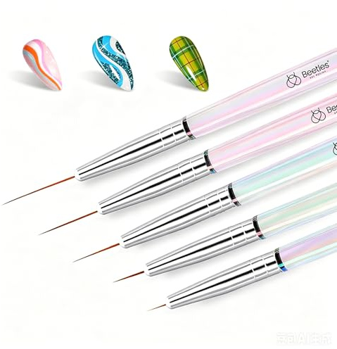 Beetles Lot de 5 pinceaux pour nail art | Outil de dessin à ongles avec poignée en métal pour lignes longues, détails, tailles fines 7/11/15/20/25 mm Cadeau pour femme