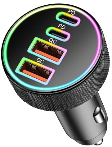 90W USB C Car Charger, 4-Port Dual 45W USB-C/A Car Adapter Multi PD/QC Fast Charging Cigarette Lighter 12V Socket for iPhone 17/Air/16/16e/15 Pro Max, Samsung Galaxy S25/S24, Google Pixel 10/9 Phone