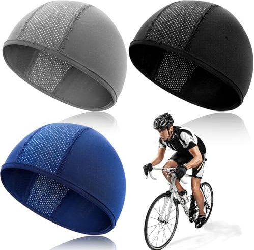 Brateuanoii 3 stycken mjuk bekväm sportmössa, dödskallemössa, underhjälm, mössa, UV-skydd, cykelmössa, män, lätt snabbtorkande, ventilerande löparmössa (huvudomkrets 44–64 cm), Svart, grå, marinblå,