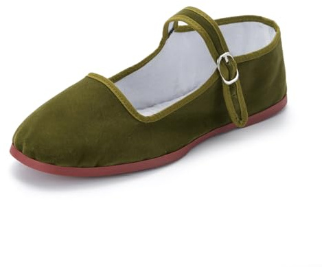 sugarscent Women's Classic Chinese Mary Jane Shoes Slippers China Doll Flats Buckle Slip On Kung Fu Shoes (Olive Velvet, Adult, Women, 8.5, Numeric, US Footwear Size System, Medium)