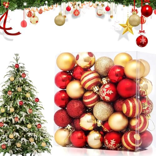 Rot und Gold Weihnachtskugeln 50 Stück 4 cm Christbaumkugeln Weihnachtsschmuck mit Schnur für Hochzeit Party Geburtstag