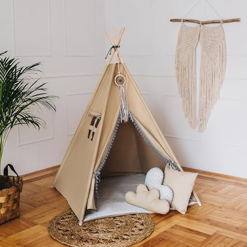 HOMECHIC Kinder Spielzelt Wigwam Beige/Grau Premium aus Baumwolle Minky mit doppelseitiger Bodenmatte Pompons 3 Kissen 110x110x150 cm Tipi Teepee + Stabilisator