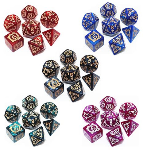 Polyhedral DND Würfelset, 5er Pack Vintage Dragon-Patterned Würfelsets mit D4 D6 D8 D10 D% D12 D20 Kompatibel mit Dungeons and Dragons D&D RPG Spielen (5Farben, 35Pcs)