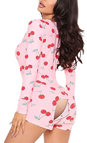 LYSINK Women's Valentine's Day Romper Shorts Long Sleeve V Neck One Piece Bodycon Bodysuit Sexy Skinny Button Jumpsuit (A-Pink Cherry, M)