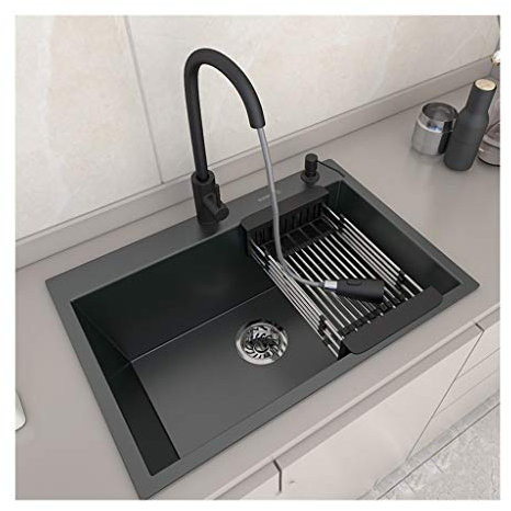 WOTZOV Allzweckspüle, groß, schwarz, Einzelbecken, Küchenspüle, Unterbauspüle aus Edelstahl, Einzelbecken, Bar- oder Vorbereitungsspüle, Küchenspüle,Eine Farbe B