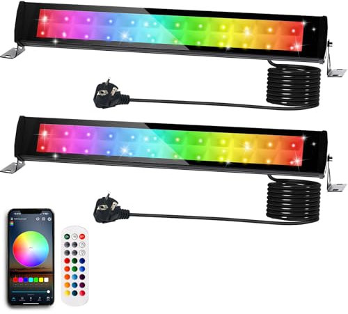 Foco LED RGB Exterior 50W, 2 Piezas Barra de Luz Led Rgb IP66 Impermeable Foco de Colors Exteriors con 2.4G Mando Distancia y Bluetooth APP Focos Led RGB Interior Para Fiesta Jardín Navidad Hallowee
