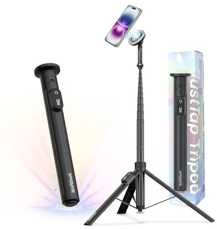 KraftGeek Magnetic Phone Tripod for iPhone MagSafe – 66'' Automatic Selfie Stick with Remote, Portable Tripod Stand for Video Recording, Travel, Vlogging (Black)