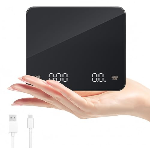 Digitale Kaffeewaage mit Timer, Espressowaage 3 kg/0,1 g, Präzisionswaage, Hohe Präzision, Wiederaufladbare Coffee Scale mit LED-Display, Tragbare Digitale Küchenwaage mit Automatischer Zeitmessung