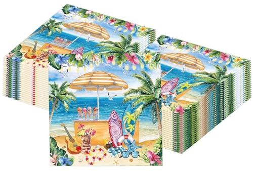 Tourima Hawaii Servietten 20 Stück, 33 x 33 cm Sommerdeko Strandmotiv Bunt | 20 farbenfrohe Servietten mit Strand, Palmen, Surfbrett und Blumen bringen sommerliche Hawaii-Stimmung auf jeden Partytisch.