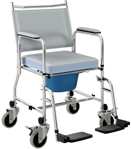 HOMCOM 3 in 1 Shower Commode Wheelchair with 4 Lockable Wheels, Bedside Commode Chair with Arms, Footrests, Detachable Bucket, for Senior & Handicap, 300lbs Capacity, Gray