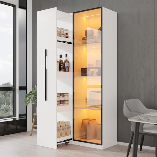 boorbin Armario Multifuncional de 160 cm de Altura: librería y Vitrina con Puertas de Cristal Templado, Marco de Aluminio, 1 Puerta, 1 cajón Lateral, con Ruedas e iluminación LED