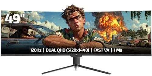 GAMEPOWER DQ49 49 Zoll Ultrawide Curved Gaming Monitor, 120Hz, 1ms, DQHD 5120x1440, 32:9 VA Panel, HDR400, Adaptive Sync, Höhenverstellbar, Integrierte Lautsprecher, HDMI & DP PC Bildschirm