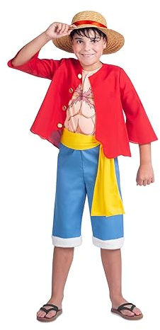 My Other Me - Disfraz de Luffy para niño en rojo y azul con sombrero, chaqueta, camiseta, fajín y pantalón talla 7-9 años. Zarpa rumbo a la gran aventura pirata