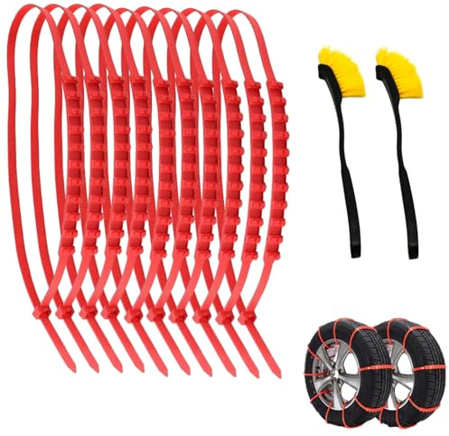10 Pezzi Catena Trazione Universale Pneumatici Nylon, Fascette Antiscivolo Pneumatici Invernali, Catene Emergenza Auto, con Spazzola per la Pulizia, per Auto e Camion