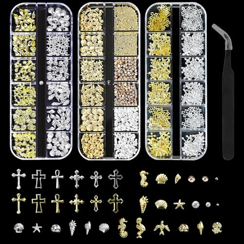 3 Schachteln Nail Charms, 36 Typen Charms Nägel, Ozean Thema Nagel Steinie | Gold Silber Ozeannieten Nagelschmuck Strand, Nails Art Charms für Frauen Nageldesign Zubehör