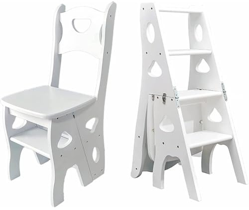Solid Wood 4-Step Ladder Chair - Foldable Dual Purpose Stepladder Display Stand Plant Stand Multifunctional Stepladder for Homes for Library Kitchen Office (White)