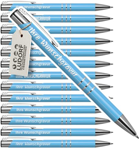 #teamludorf 10x DELTA UNI LACKIERT Metall-Kugelschreiber mit Wunsch-Gravur - Personalisierte Kulis - Stift mit Namen - 16 Farben & 20 Schriftarten - 10 Stück - HELLBLAU