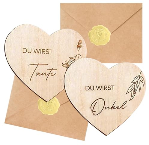 Wqafe Du wirst Tante/Onkel, Schwangerschaft verkünden Tante & Onkel, 2 Herz Holz Scheiben, Schwangerschaftsverkündung Herzform Holz zum Grußkarte Verkündung Schwangerschaft