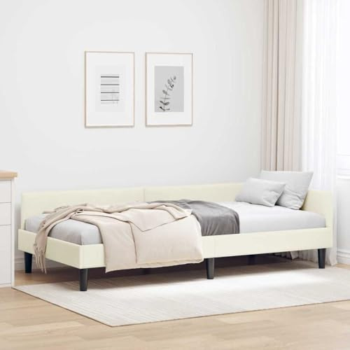 ACAGALA Tagesbett 100x200 cm, Bettgestell mit Kopfteil und Lattenrost, Eckbett in Stoff ohne Matratze, Jugendbett Einzelbett Gästebett Schlafsofa für Schlafzimmer Wohnzimmer, Creme