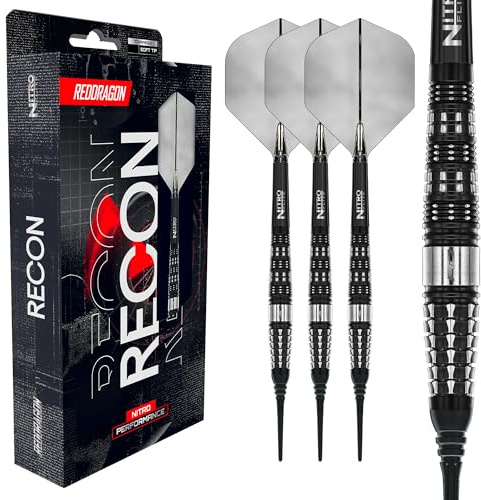 RÖDA DRAGON Darts – Recon Series – 18 g tunna/20 g torpedo dartset med full vikt – 90 % professionellt set med volframdartpilar – Nitro Flite integrerad flyg/axel, dartflygningar och stjälkar