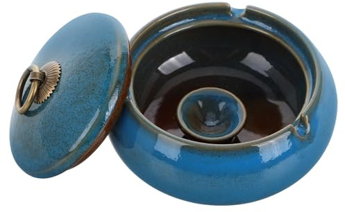 DECHOUS Cenicero de Cerámica con Tapa Cortavientos Grande Esmaltado en Azul Kiln Base Antideslizante Cenicero de Exterior para Oficina y Sala de Estar Bandeja para Cenizas Profunda y