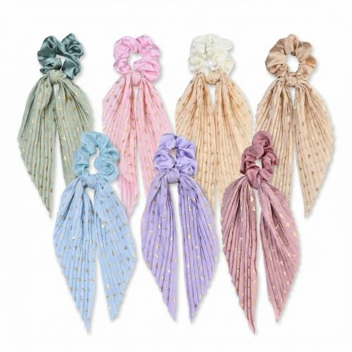 6 Stück Scrunchies Haargummis Damen Set, Satin Haargummi mit Abnehmbarer Schleife und Gold Details, Weiche Elastische Haarbänder Zopfhalter für Frauen Mädchen, Vintage Haar Accessoires (Bunt)