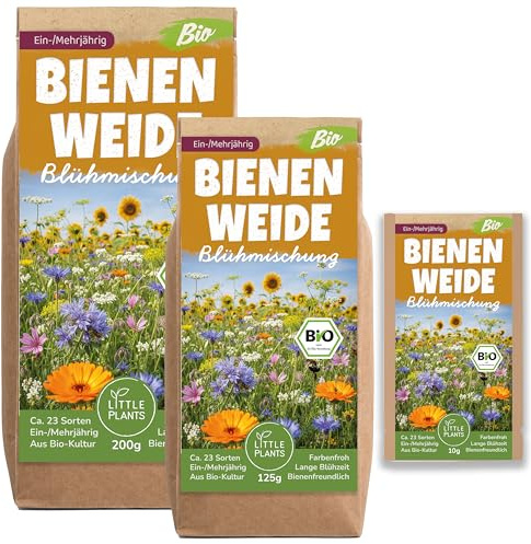 Little Plants Bio Bienenweide Blühmischung 125g Bio Samen Bienenwiese - Blumenwiese Samen mehrjährig winterhart - Enthält ca. 23 Sorten Wildblumensamen