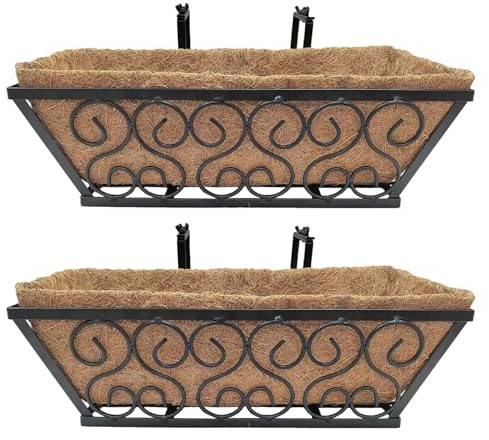 Wilafury 2 maceteros con barandilla, macetero Colgante de Ventana Resistente de 16 Pulgadas con Soportes Ajustables y Revestimiento de para balcón, terraza, Porche y jardinería