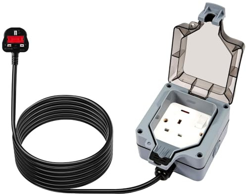 2Gang IP66 Outdoor Socket 13A with 15m Extension Lead Weatherproof | IP66 weatherproof outdoor socket with 13A switch and 15m extension lead, wall-mounted power outlet for garden and external