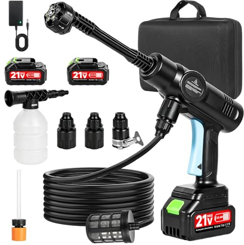Limpiador de alta presión con batería de 21 V, limpiador de alta presión portátil con boquilla multifunción 6 en 1, 2 baterías, dispositivo de alto rendimiento de 80 bares/1160 psi, manguera de 5 m