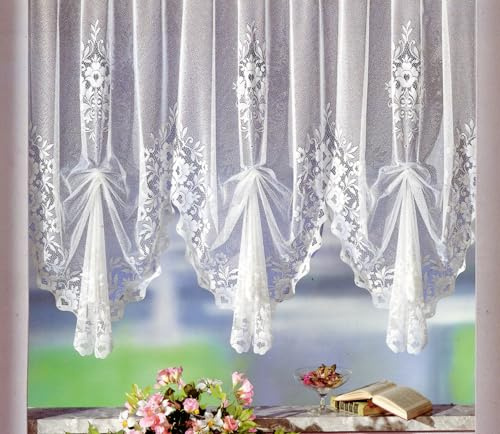 heimtexland Gardine, Hochraff-Store mit Universalschienenband (Kräuselband), 145cm hochgerafft x 2 Bögen für Dekobreite 100-130cm, Weiß, Klassisch mit Blumenmuster, 1 Stück, Vorhang Typ10