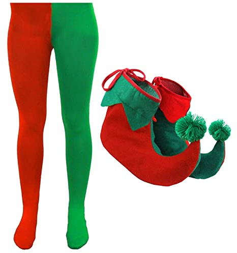 Adults Elf Accessories - Solid Green and Red Tights + Red and Green Boots - Perfect for Fancy Dress Costumes, Santas Grotto, Christmas Plays, Xmas Charity Events - Standard Tights