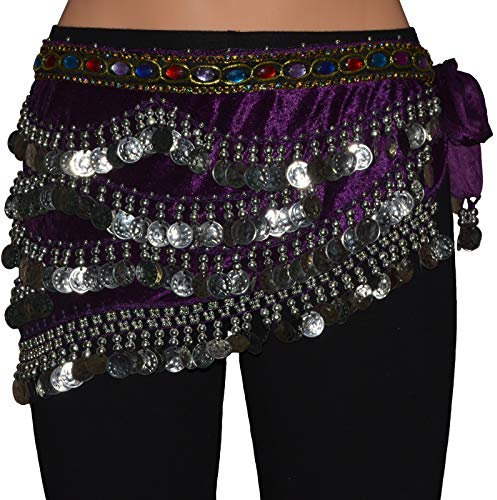 Tanzbekleidung & Accessories Bauchtanz Münzgürtel Samt Hüfttuch Belly Dance Bauchtanzgürtel Karneval Münzen (Violett mit silbernen Münzen)