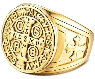 BOBIJOO Jewelry - Bague Chevalière Homme Croix Saint Benoît Protection Démon Acier Plaqué Or Brut - 68 (12 US)