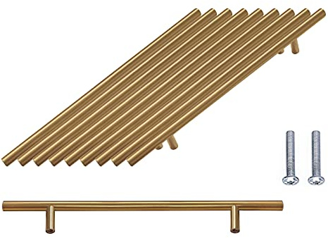 SPDYCESS 10 Stück T Bar Möbelgriffe, Gebürstete Schranktürgriffe aus Edelstahl mit Schrauben, Gold Schubladengriffe für Küche 192mm Lochabstand