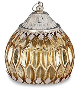 Deko Glaslaterne goldfarben - 15 cm Glockenlaterne mit 5er LED Lichterkette & An/Aus-Schalter, vernickelt verziert mit Aufhänge-Ring - stimmungsvolle Tisch- & Hängeleuchte für Zuhause & Geschenkidee
