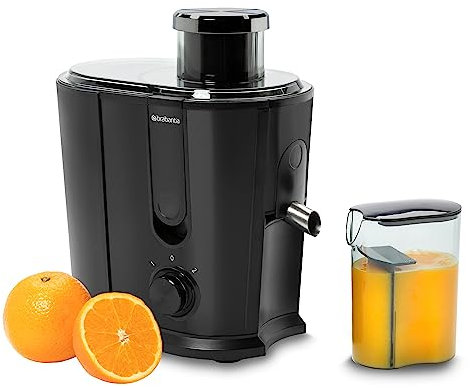 Extractora de Zumo Brabantia, 500 Vatios, Recipiente de Pulpa 1 L, Jarra de Zumo 0,35 L, 2 Velocidades, Licuadora Potente, Eléctrica, Verduras y Frutas, Acero Inox, Negro, BBEK1123BK