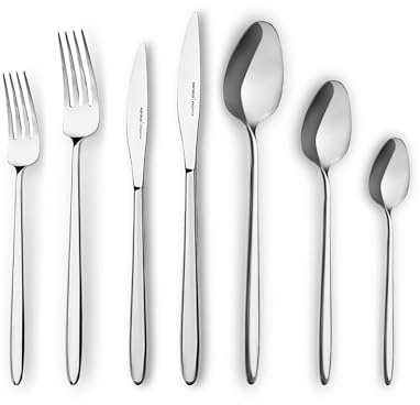 Karaca New Flow 84-Piece Cutlery Set for 12 People - 18/10 Stainless Steel, Dinnerware Tableware Silverware Service, Includes Fork, Spoon, Knife, Dessert Fork,Teaspoon, Mirror Polished, Silver