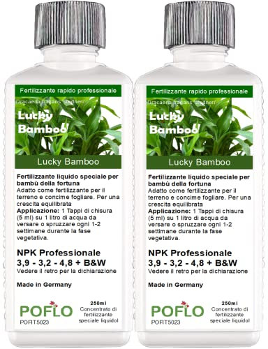 POFLO Fertilizzante bambù della fortuna Lucky Bamboo, fertilizzante speciale completo HIGH-TECH NPK linea professionale per la concimazione del bambù Dracaena sanderiana (500 ml)