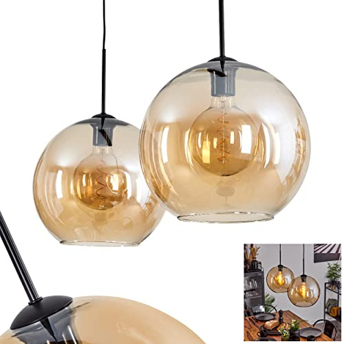HOFSTEIN Hängeleuchte Koyoto, 2-flammige Hängelampe aus Metall/Glas in Schwarz/Bernsteinfarben/Klar, moderne Pendelleuchte im Retro/Vintage-Design, Ø 30 cm, E27, Esszimmer, Küche, Wohnzimmer