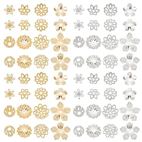PH PandaHall 24K Vergoldete Blumenperlenkappen 64 Stück 8 Formen Blumen Endkappe Messing Multi Blütenblatt Perlenkappe Bails End Charm Caps Spacer Perlen Für Ohrring Armband Halskette Schmuck