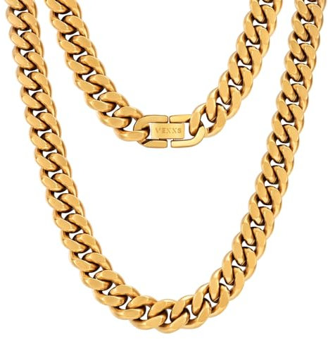 VEXXS Cuban Chain Necklace,Flat Curb Chain for Men, 10/12mm 18K Real Gold Plated Gold Chain, Durable No Color Fading Men’s Necklace Chain Street Wear Hip Pop Urban Fashion Mens Jewelry Gift