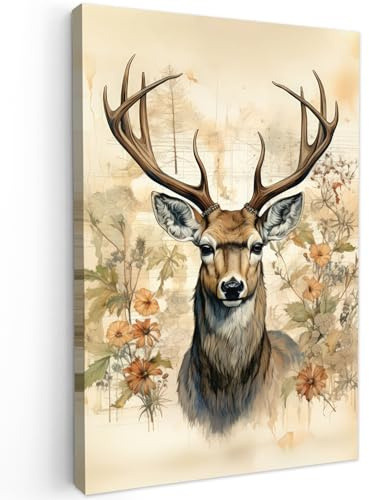 MuchoWow© Bild auf Leinwand Groß XXL Schlafzimmer Bilder Wand Deko - Natur | 80x120 cm - Wohnzimmer Modern Wanddeko Bilderwand Geschenk Vintage - Hirsch - Rothirsch - Blumen - Beige - Tiere