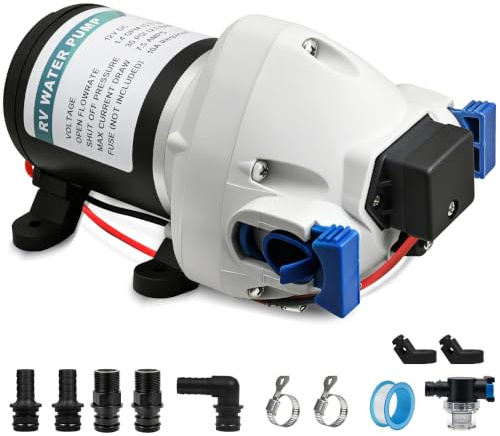 12V DC Self-Priming Diaphragm Water Pump, 1.4 GPM 30 PSI with Strainer | Automatic pressure switch control, ideal ventilation alternative for RV, marine, campervan and garden irrigation