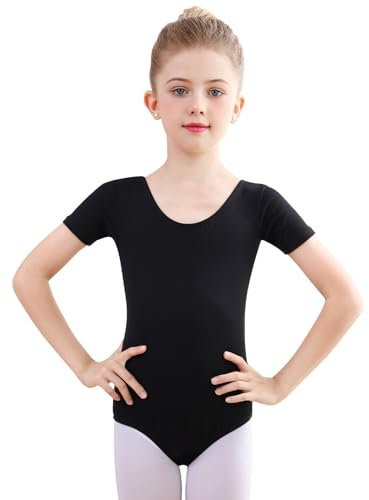 Monbessi Ballettanzug Mädchen Kurzarm - (Gr.100-150) - Tanzbody Gymnastikanzug, Baumwolle Ballettbody Kinder Ballett Trikot (130, Schwarz)