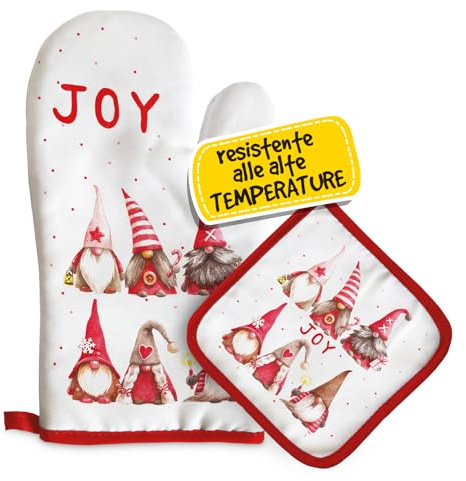 Set Guanto Forno e Presina Natalizia, Idee Regalo Natale Donna, Mamma e Nonna, Utili ed Originali per la Casa e Cucina, Personalizzati Con Illustrazione Originale Joy con Elfi
